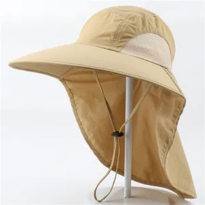 Outdoor sun protection bucket hat with neck flap, breathable mesh and UV block for hiking fishing.