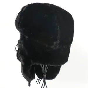 Winter black faux fur ushanka bomber hat with earflaps for warm cold weather protection.
