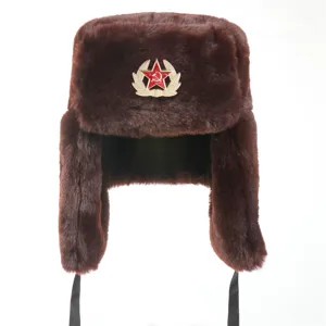 Brown Soviet Ushanka winter hat with red star badge, thick fleece lined warm earflap cap.