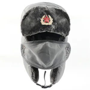 Thickened grey ushanka hat with Soviet badge, detachable face mask and warm earflaps for outdoor.
