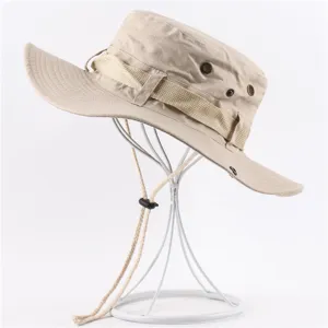 Khaki outdoor sun hat with chin strap and breathable eyelets for hiking fishing casual wear