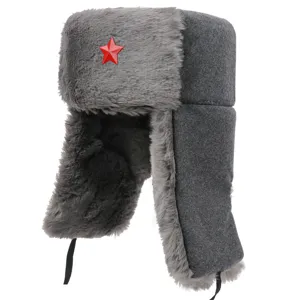 Grey winter ushanka hat with faux fur and red star badge for outdoor cold weather warmth.
