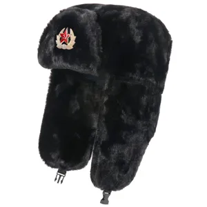 Soviet style black faux fur ushanka hat with red star badge, winter warm ear flap detail.