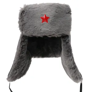 Grey winter ushanka hat with red star badge, thick warm faux fur outdoor trooper cap for cold weather.