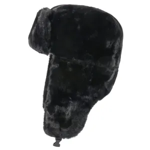 Detailed view of the black faux fur ushanka winter hat, showing thick plush earflaps & buckle.