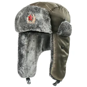 Soviet ushanka winter hat with faux fur earflaps and red star emblem for outdoor warmth