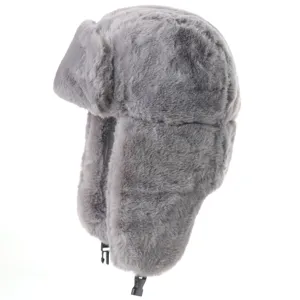 Grey faux fur ushanka hat detail, plush ear flaps and buckle, winter cold-proof design close up.