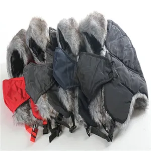 Winter windproof trapper hat detail, thick warm faux fur ear flap ushanka for cold weather outdoor.
