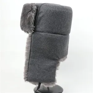 Winter warm grey bomber hat with soft faux fur earflaps for outdoor cold weather protection