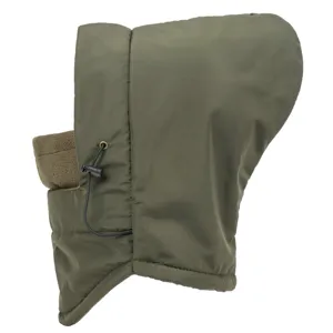 Detail view of the warm fleece-lined windproof winter hood with adjustable drawstring.