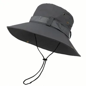 Detail view of the grey outdoor sun hat with breathable eyelets, strap and chin cord.