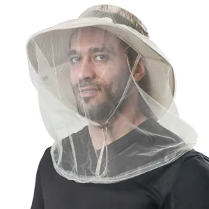 Outdoor mosquito net sun hat detail, breathable mesh fishing hiking cap for summer protection.