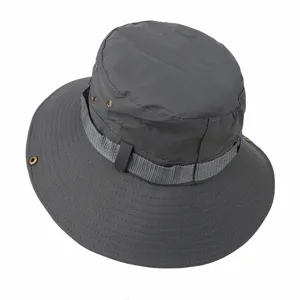 Dark grey outdoor sun hat detail, breathable bucket hat with metal eyelets and webbing strap.