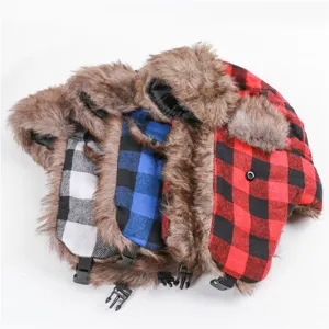 Winter Plaid Trapper Hat Windproof Ski Cap Thickened Ear Flap Bomber Hats Warm