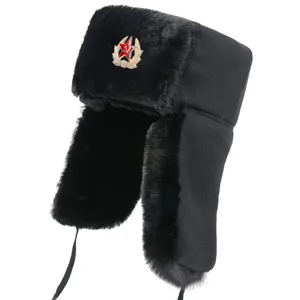 Winter warm ushanka hat with Soviet badge, thick fleece cold-proof ear-flap trapper hat.