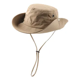 Detail view of the khaki waterproof quick-drying outdoor bucket hat with chin strap.