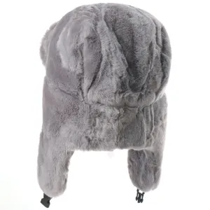 Grey faux fur ushanka hat winter warm earflap bomber cap detail view back strap adjustable