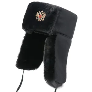 Winter warm black ushanka hat with badge earflap cold-proof thick bomber hat for outdoor.