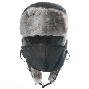 Close-up view of winter windproof trapper hat detail, featuring thick faux fur lining.