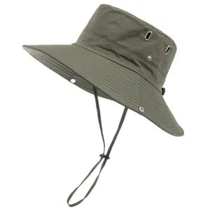Outdoor waterproof bucket hat for hiking and sun protection with adjustable windproof chin strap.