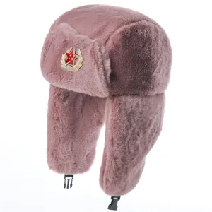 Faux rabbit fur ushanka hat with Soviet red star badge, winter warm earflap bomber cap for outdoor