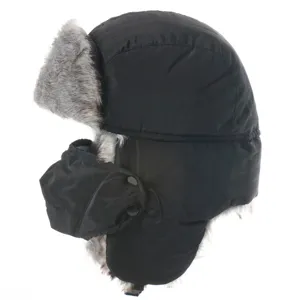 Detailed side view of black winter trapper hat featuring soft faux fur and windproof mask.