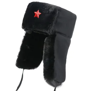 Black winter trapper hat with red star badge, warm faux fur earflap cap for outdoor cold weather.