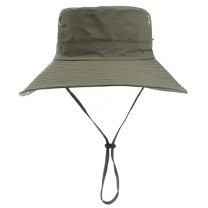 Outdoor waterproof bucket hat with wide brim, side eyelets and adjustable chin strap.