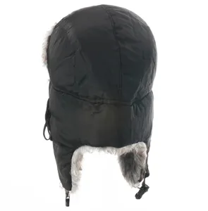 Detail view of the black windproof warm winter bomber hat showcasing fluffy faux fur lining.