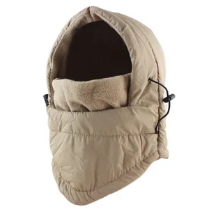 Detail of warm winter cycling windproof balaclava hood with soft fleece lining and drawcord.