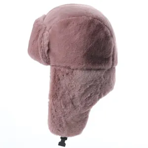 Faux fur plush ushanka hat in dusty pink, warm winter earflap cap for outdoor cold weather.