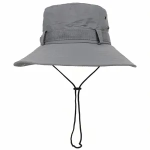Detail view of the grey sun bucket hat with adjustable chin strap for outdoor fishing hiking.