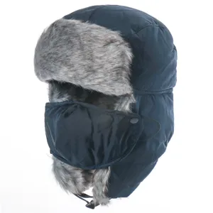 Thick winter trapper hat with face mask, windproof warm earflap bomber cap for outdoor sports.