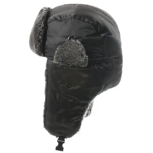 Black winter ushanka hat with warm ear flaps and windproof fabric for outdoor cold weather.