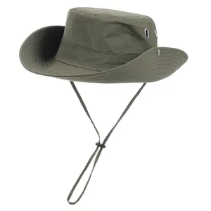 Detailed view of a military green outdoor bucket hat with windproof drawstring and eyelets.