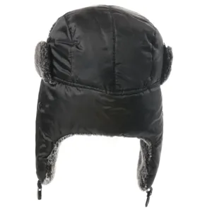 Detail view of black winter ushanka hat with warm faux fur earflaps and windproof design.