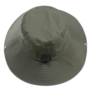 Close up detail of military green outdoor sun protection bucket hat with adjustable drawstring.