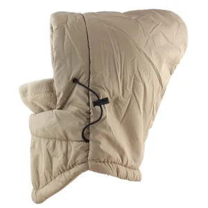 Windproof outdoor winter thermal fleece hooded mask and cold-weather ski cap in beige color.