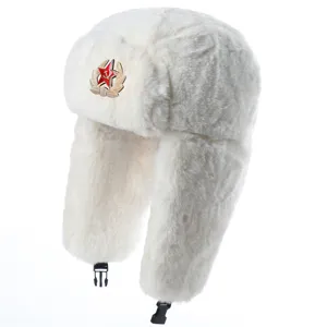 White Ushanka Faux Fur Winter Trapper Hat with Soviet Badge Warm Earflap Bomber Cap