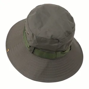 Men's outdoor breathable sun hat detail, wide brim hiking fishing bucket hat, dark green.