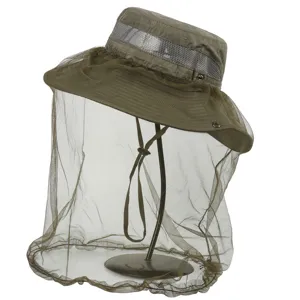 Outdoor anti-mosquito bucket hat with breathable mesh veil and sun protection brim.