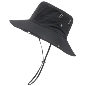 Detailed view of black outdoor sun bucket hat featuring metal eyelets and adjustable strap.