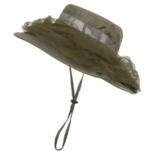Outdoor mosquito net bucket hat detail, breathable mesh fabric, adjustable chin strap, green