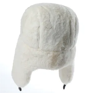 White plush trapper hat for winter, warm faux rabbit fur ushanka with ear flaps.