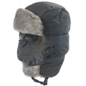 Black winter bomber hat with faux fur lining, windproof trapper hat with face mask for men