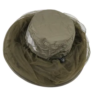 Outdoor mosquito head net fishing hat detail, breathable mesh fabric for hiking and camping.