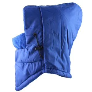 Close-up of blue windproof thermal winter hood, thickened fleece lined cycling cold-proof cap.