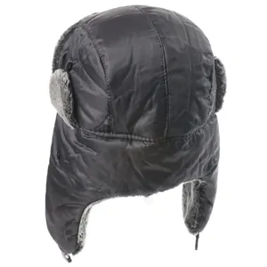 Close-up detail shot showing the stitching and soft grey faux fur lining on the winter hat.