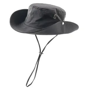 Detailed view of the black outdoor sun hat with adjustable wind strap and metal eyelets.