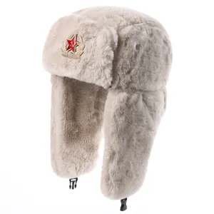Beige faux fur ushanka hat with Soviet red star badge winter warm bomber hat for outdoor